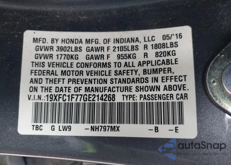 2016 Honda Civic Ex-L from USA, damaged, VIN 19XFC1F77GE214268
